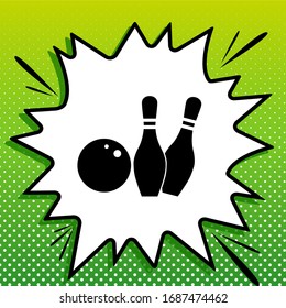 Bowling sign illustration. Black Icon on white popart Splash at green background with white spots. Illustration.