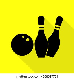 Bowling sign illustration. Black icon with flat style shadow path on yellow background.