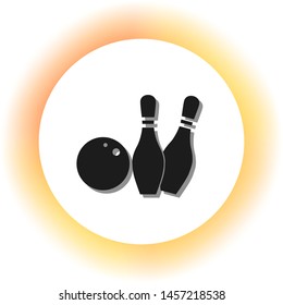 Bowling sign illustration. Dark icon with shadow on the glowing circle button. Illustration.