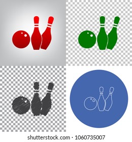 Bowling sign illustration. Vector. 4 styles. Red gradient in radial lighted background, green flat and gray scribble icons on transparent and linear one in blue circle.