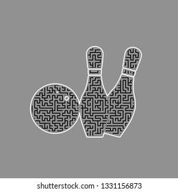 Bowling sign illustration. Vector. Black maze filled icon with white border at gray background.