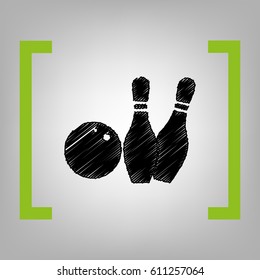 Bowling sign illustration. Vector. Black scribble icon in citron brackets on grayish background.