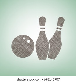 Bowling sign illustration. Vector. Brown flax icon on green background with light spot at the center.