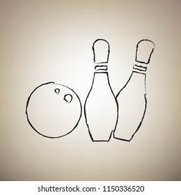 Bowling sign illustration. Vector. Brush drawed black icon at light brown background.