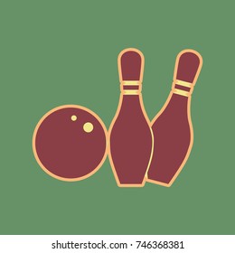 Bowling sign illustration. Vector. Cordovan icon and mellow apricot halo with light khaki filled space at russian green background.