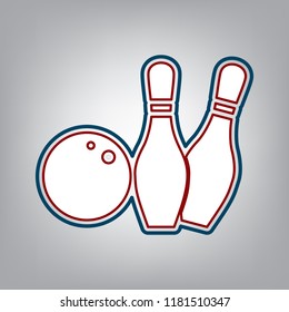 Bowling sign illustration. Vector. Dark red, transparent and midnight green stroke of white icon at grayish background.