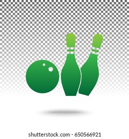 Bowling sign illustration. Vector. Green gradient icon with shadow at bottom on transparent and white background.