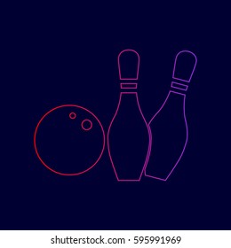 Bowling sign illustration. Vector. Line icon with gradient from red to violet colors on dark blue background.