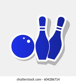 Bowling sign illustration. Vector. New year bluish icon with outside stroke and gray shadow on light gray background.
