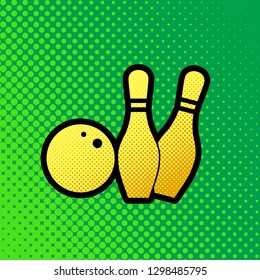 Bowling sign illustration. Vector. Pop art orange to yellow dots-gradient icon with black contour at greenish background.