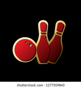 Bowling sign illustration. Vector. Red icon with small black and limitless shadows at golden sticker on black background.
