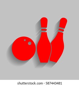 Bowling sign illustration. Vector. Red icon with soft shadow on gray background.