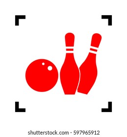 Bowling sign illustration. Vector. Red icon inside black focus corners on white background. Isolated.