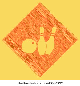 Bowling sign illustration. Vector. Red scribble icon obtained as a result of subtraction rhomb and path. Royal yellow background.