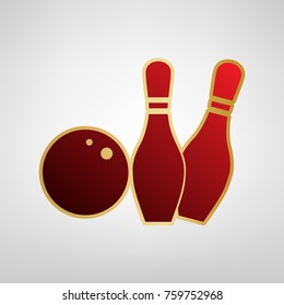 Bowling sign illustration. Vector. Red icon on gold sticker at light gray background.