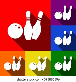Bowling sign illustration. Vector. Set of icons with flat shadows at red, orange, yellow, green, blue and violet background.