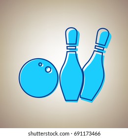 Bowling sign illustration. Vector. Sky blue icon with blue contour on beige background.