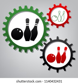 Bowling sign illustration. Vector. Three connected gears with icons at grayish background.