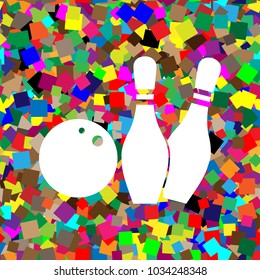 Bowling sign illustration. Vector. White icon on colorful background with seamless pattern from squares.
