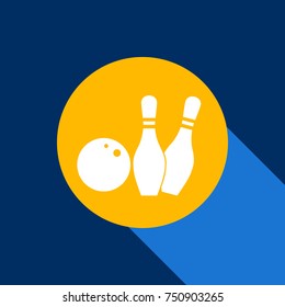 Bowling sign illustration. Vector. White icon on tangelo circle with infinite shadow of light at cool black background. Selective yellow and bright navy blue are produced.