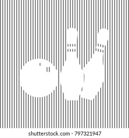 Bowling sign illustration. Vector. White icon on grayish striped background. Optical illusion.