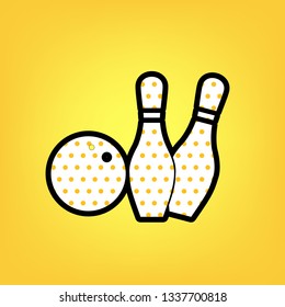Bowling sign illustration. Vector. Yellow polka dot white icon with black contour at warm yellow background.