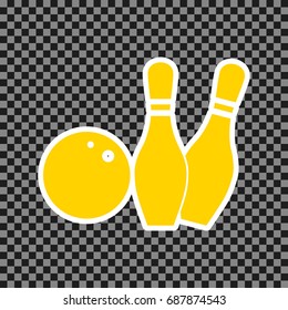 Bowling sign illustration. Vector. Yellow icon with white contour on dark transparent background.