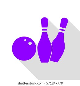 Bowling sign illustration. Violet icon with flat style shadow path.