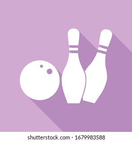 Bowling sign illustration. White Icon with long shadow at purple background. Illustration.