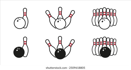 Bowling sign. Bowling vector set. Ball and pin isolated icon. Strike in bowling game.