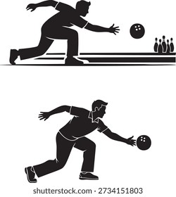 Silhuetas de Boliche: Jogador Jogando Bola em Pins, Esporte e Ícones de Recreação