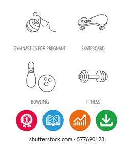 Bowling, skateboard and fitness sport icons. Gymnastics for pregnant linear sign. Award medal, growth chart and opened book web icons. Download arrow. Vector