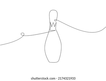 Bowling skittle one line art. Continuous line drawing of entertainment, sport, hobby, pin, strike, tournament, game, activity, competitive, leisure, professional, crown, play.