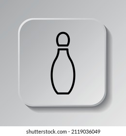 Bowling skittle simple icon. Flat desing. Black icon on square button with shadow. Grey background.ai