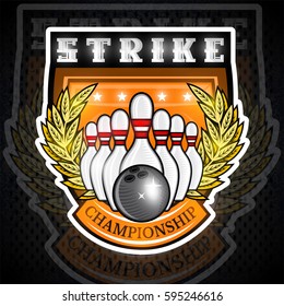 Bowling skittles and ball in center of golden wreath on the shield. Sport logo for any team or championship