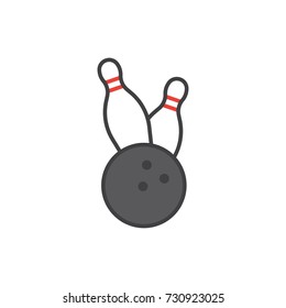Bowling skittles and ball colored flat line icon.