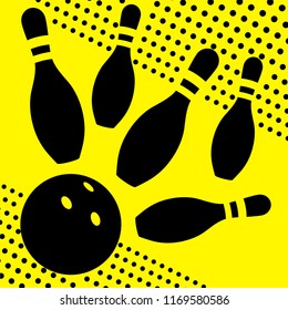 Bowling. Skittles and a ball on a yellow background. Sports poster. Vector image.