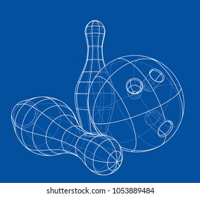 Bowling skittles and ball outline. Vector rendering of 3d. Wire-frame style. The layers of visible and invisible lines are separated