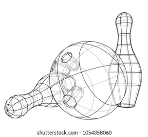 Bowling skittles and ball outline. Vector rendering of 3d. Wire-frame style. The layers of visible and invisible lines are separated