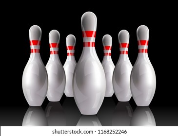 Bowling. Skittles with a ball. Realistic vector image on a black background.