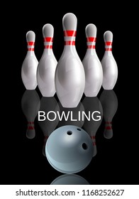 Bowling. Skittles with a ball. Realistic vector image on a black background.