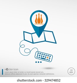 Bowling skittles icon and pin on the map. Line icons for application development, creative process. 