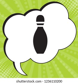 Bowling skittles icon. Vector. Black icon in speech bubble at popart yellow green background.