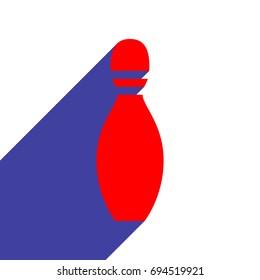 Bowling skittles icon. Vector. Red flat style icon with dark blue long shadow on white background.