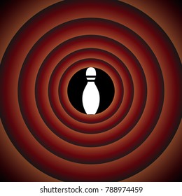 Bowling skittles icon. Vector. White icon on black circle in gradient rings.