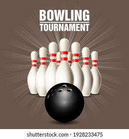 Bowling skittles set and bowling ball, competition poster, vector