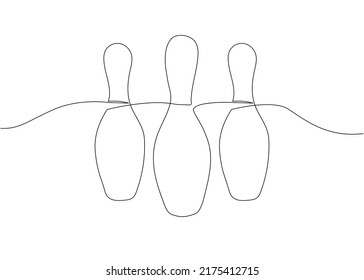 Bowling skittles, strike one line art. Continuous line drawing of entertainment, sport, hobby, tournament, game, activity, competitive, leisure, professional, play.