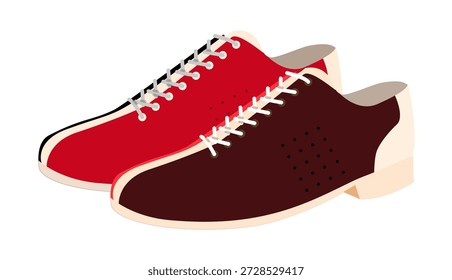Bowling Sneaker Schuh flaches Paar. Komfortable Freizeitschuhe für Familienspaß, Wochenend-Aktivitätenschrank, Mann Frau Unisex. Technische Modegrafik, CAD-Mockup, vektorisolierter zeitgenössischer Stil.