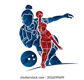 Bowling Sport Bowler Female Players Action Cartoon Graphic Vector