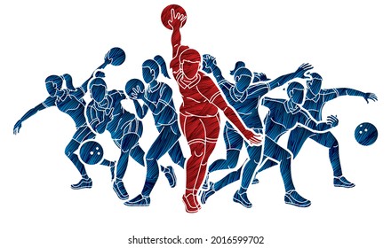 Bowling Sport Bowler Female Players Action Cartoon Graphic Vector